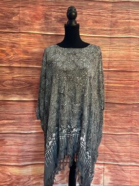 Boho Fringe Poncho Top in Charcoal Gray | One Size
